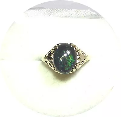 Australian Solid Black OPAL Ring - Carved Gingko Design - Solid 14k Yellow Gold • $295