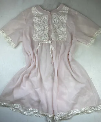 VTG L PINK Nylon Shadowline Button Front Peignoir Robe W Lace Nightgown • $32