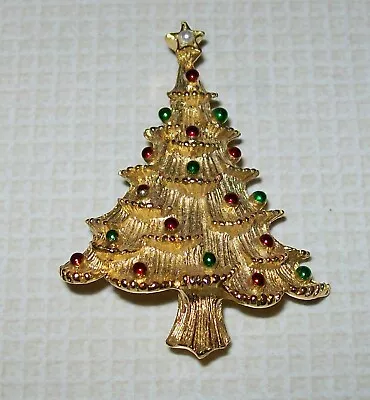 Vtg GERRYs GoldTone Red Green Enamel Balls Faux Pearl Christmas Tree Pin Brooch • $12.99
