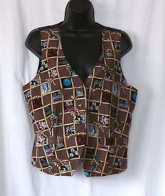 Vintage NICOLE MILLER 1994 Black Silk V-Neck Christmas Theme Vest - Sz L EXC • $49.99