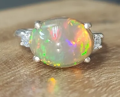 Vintage  14k White Gold  Engagement Ring 4.18ct. Natural Ethiopian Opal Cabochon • $2650