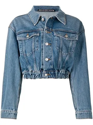 Alexander Wang Elastic Waist Band Cropped Denim Jacket Size S • $259