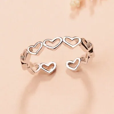 Tiny Love Heart Linked Adjustable End Ring 925 Silver Womens Girls Gift Uk • £3.15