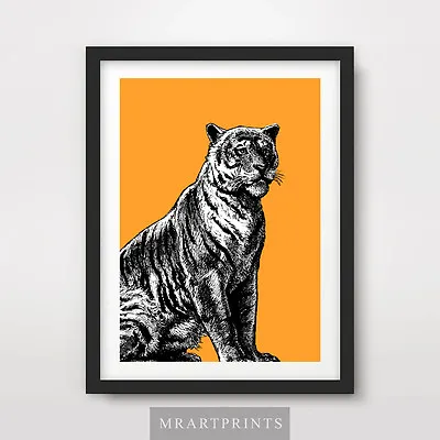 SITTING TIGER ART PRINT POSTER Animals Bright Cats Decor Illustration • £14.99