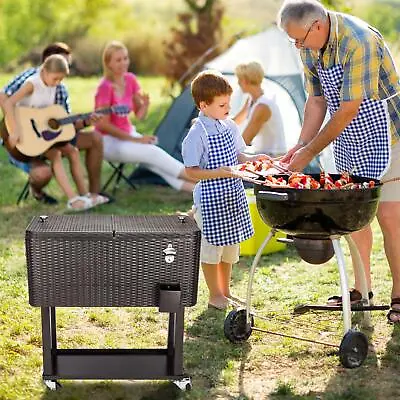 80QT Wicker Outdoor Rattan Picnic Party Rolling Cooler Frozen Cart Ice Bee Pinic • $139.98