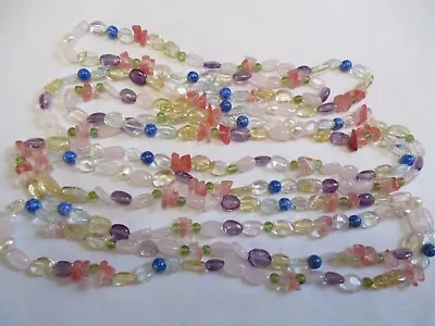 Antique 92 Inch X LONG LAPIS CITRINE Rose QUARTZ PEARRL Gemstone Beaded Necklace • $34.99