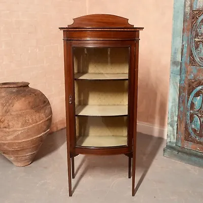 Antique Edwardian Glazed Bookcase Inlaid Mahogany Vitrine Slim Display Cabinet • £185