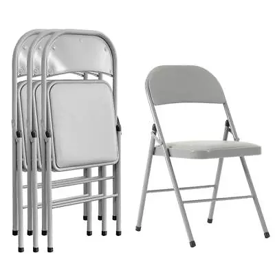 Pack Of 4 Metal Frame Folding Mounted Chairs Pu Padded Seat Cushion Gray • $66.89