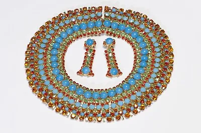 Max Muller Kaufbeuren 1960’s Blue Orange Crystal Collar Necklace Earrings Set • $7500