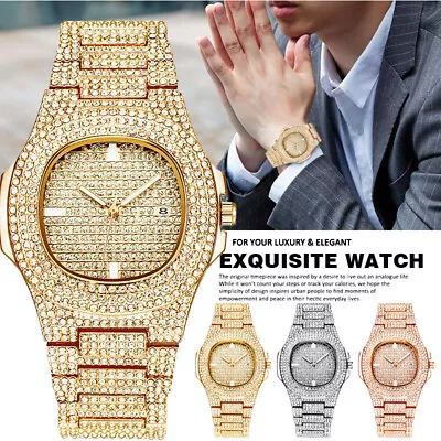 Mens Hip Hop Bling Full Diamond Rhinestone Quartz Watch Wrist Watches • £10.79