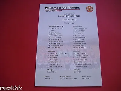 Man Utd V Sunderland Colour Teamsheet Capital One Cup Semi Final 2014 • £1.50