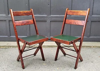 Folding Chairs Burrowes FEATHER WEIGHT Wood Frame PAIR 1900s Antique • $150