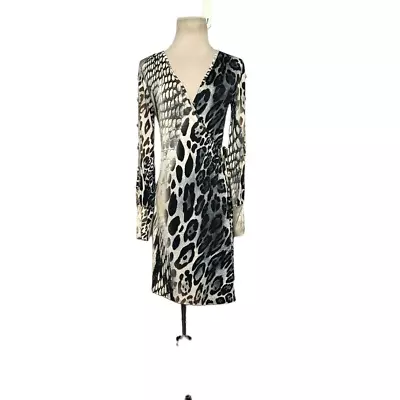 S - Twelve Cream Brown Gray Animal Print Long Sleeves Wrap Dress Size Small • $25