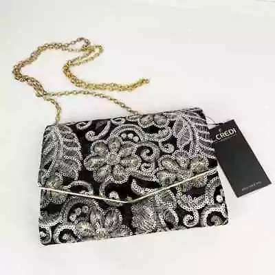 L. Credi Black Velvet Silver Sequin Gold Chain Small Crossbody Evening Bag NWT • £27.01