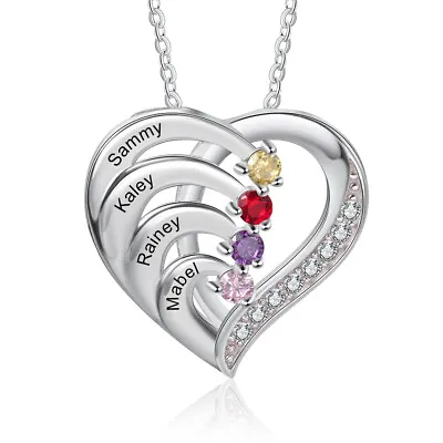 S925 Silver Custom 4 Name Heart Necklace W/ Birthstone Pendant Mothers Necklace • £23.99
