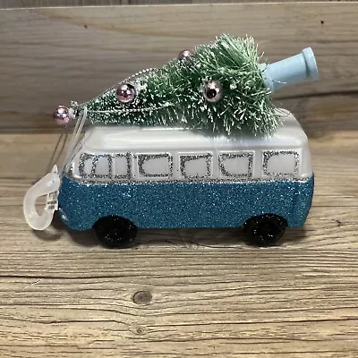 4.5  Long Blue & White Volkswagen VW Bus Christmas Ornament With Flocked Tree • $7.95