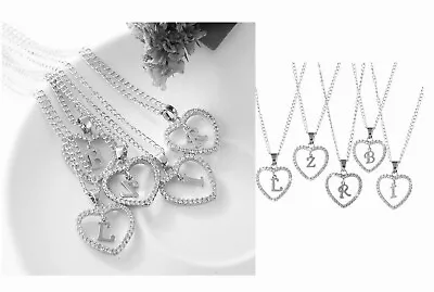 Ladies Silver Love Heart Initial Alphabet Letter Cubic Chain Girls Necklace • £3.49