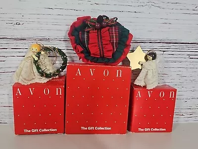 Avon Ornament Lot Of 3 Vintage Wooden Angels Dressed Wings & Heart Plaid Sachet  • $17.49