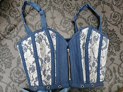 Corset Story Denim Lace Front Zip Crop Corset Top Size 12 UK • £28.43