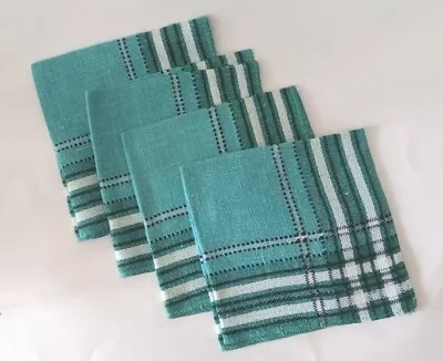 Set Of 4 Vintage MCM Napkins Teal Green Plaid • $8.95