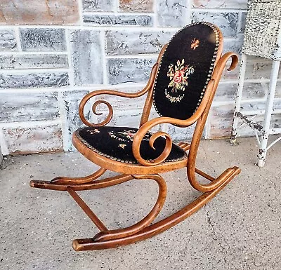 Antique Victorian Childs Bentwood Oak Rocking Chair Floral & Animal Needlepoint • $229.99