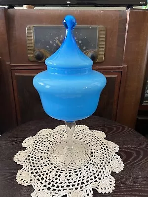 Empoli Italy Cased Glass Opaline Apothecary Jar Light Blue Vase Collectable Vtg. • $300