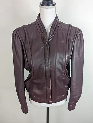 80s Vintage Leather Maroon Bomber Moto Jacket Women's Medium Power Puff Shoulder • $53.98