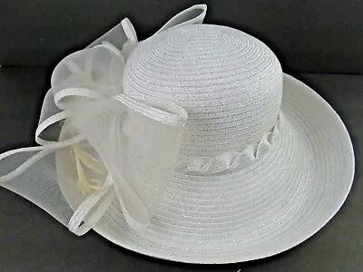 Betmar New York White Straw Hat Large Bow Feathers Silver With Tag Vintage • $15.99