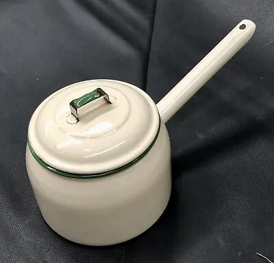 Vintage Enamel Cream Green Pot Saucepan Lid Enamelware Retro White Australia • $47