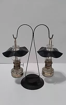 Pair Miniature Glass & Metal Oil Lamps W/ Hanger Stand Clear Mini Double Shade • $25