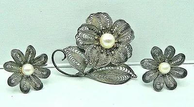 Collectible Vintage Japan Finely Detailed Silver Filagree Pearl Brooch Earrings • $9.48
