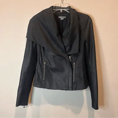 Vince | Black Leather Moto Asymmetrical Zip Paper Leather Knit Moto Style Jacket • $92