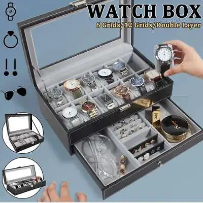 6-12Grids 2 Layer Leather Watch Box Organizer Jewelry Display Storage Showcase • $27.95