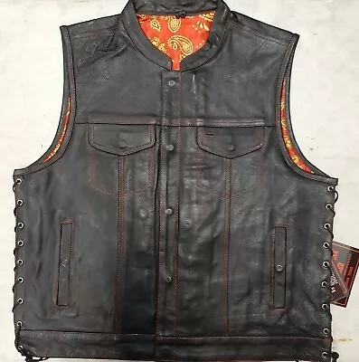 Men's Black Club Style Side Lace Leather Vest - Red/Gold Paisley • $149