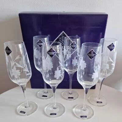 6x Edinburgh Crystal Champagne Flutes From 1990's Engraved With Original Sticker • £50