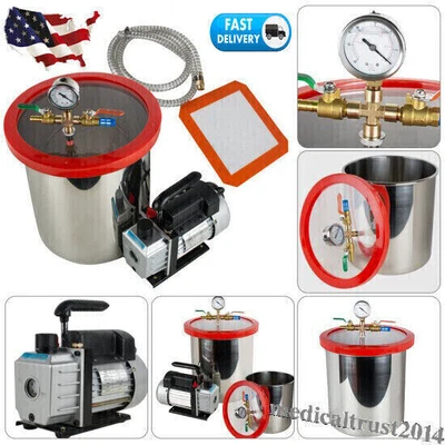 $189 • Buy 5 Gallon 1/4HP Stainless Vacuum Degassing Chamber Silicone Kit W/ 3CFM Pump Hose