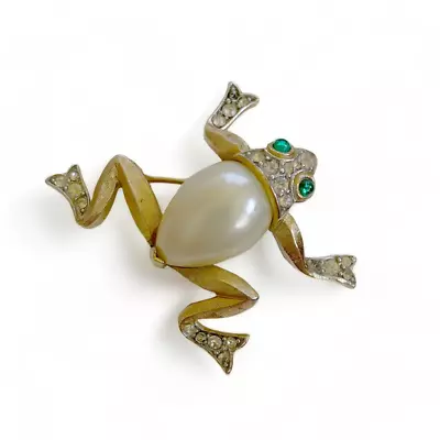 Trifari Vintage Frog Brooch Pin Pearl Belly & Pavé  (1950s/60s Jelly Belly Eyes) • $125