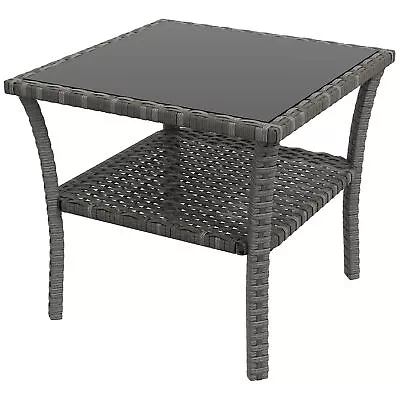 Outsunny PE Rattan Coffee Table Two-tier Side Table With Glass Top Grey • £39.99