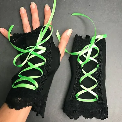 Corset Gloves Black Green Lace Up Arm Cuffs Halloween Costume Goth Burlesque Psy • $32