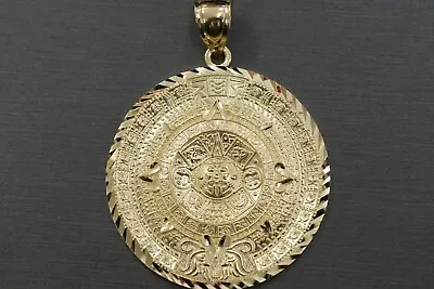 $490 • Buy 10K Solid Yellow Gold 2  Diamond Cut Round Aztec Mayan Calendar Pendant.