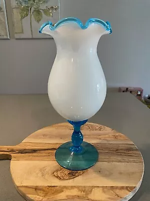 Vintage Fenton Milk Glass Vase W/ Translucent Blue Ruffled Rim & Pedestal EUC • $75