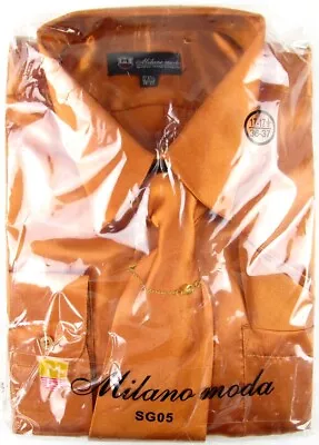 NWT Milano Moda Men's Shiny Copper Satin 4 Pc. Dress Shirt Set 17-17.5 (36-37) • $17.47