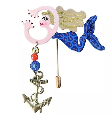 Vintage Whimsical Fanciful Flights Painted Mermaid ROSSI 2 3/4  Stick Brooch • $12.82