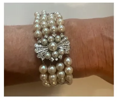 Vintage 14K White Gold Multi-Strand Diamond Pearl Bracelet Secure Clasp Kelbert? • $2200