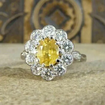 3Ct Oval Cut Canary Yellow Diamond Engagement Halo Ring 14K White Gold Finish • £89.30