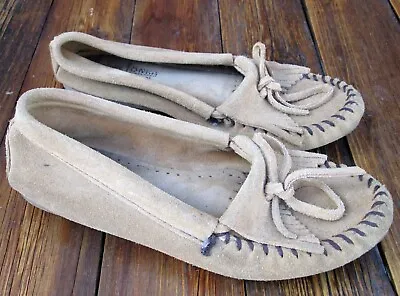 Minnetonka 407 Kilty Hardsole Moccasins Womens Size 6 Brown Leather Fringe • $14.99