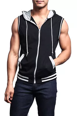 MEN'S Lightweight Sleeveless Gym Fitness Zipper Contrast Vest Hoodie Th890-A1H • $24.95