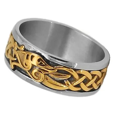 Fenrir Knot Viking Ring Mens Gold PVD Plate 316L Stainless Steel Norse Wolf Band • $16.99