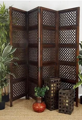 Contemporary Geometric Lattice Pattern Brown Carved Wood 4 Panel Room Divider • $359.95