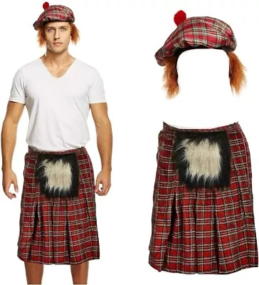 Mens SCOTTISH COSTUME Scotsman KILT + TARTAN HAT Hair Burns Night Dress UK • £14.99
